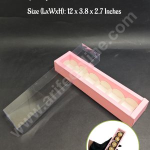 6 Cavity Long Premium Chocolate Box with Clear Lid | Pink | 1 Piece Pack