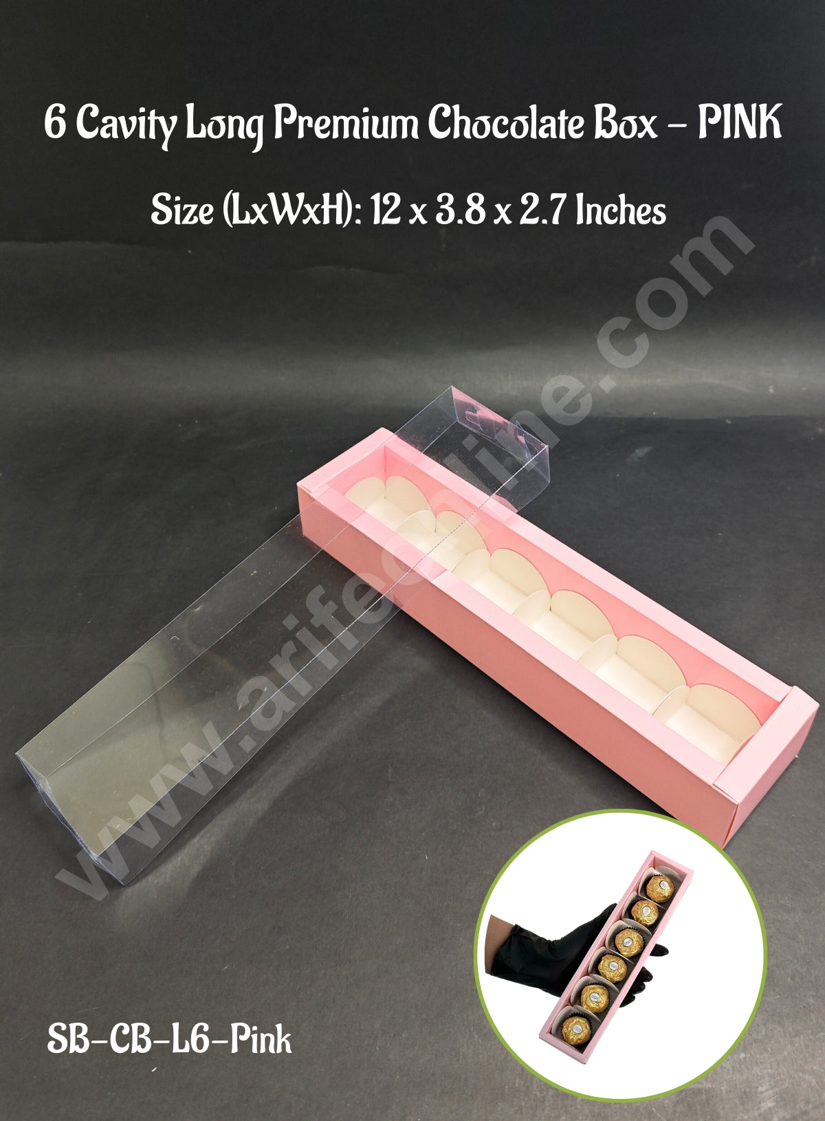 6 Cavity Long Premium Chocolate Box with Clear Lid | Pink | 1 Piece Pack
