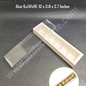 6 Cavity Long Premium Chocolate Box with Clear Lid | White | 1 Piece Pack
