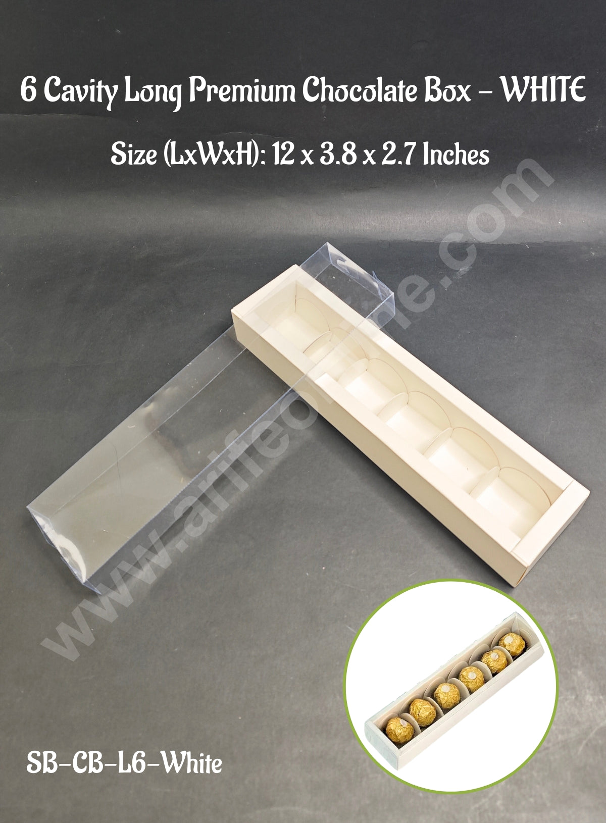 6 Cavity Long Premium Chocolate Box with Clear Lid | White | 1 Piece Pack