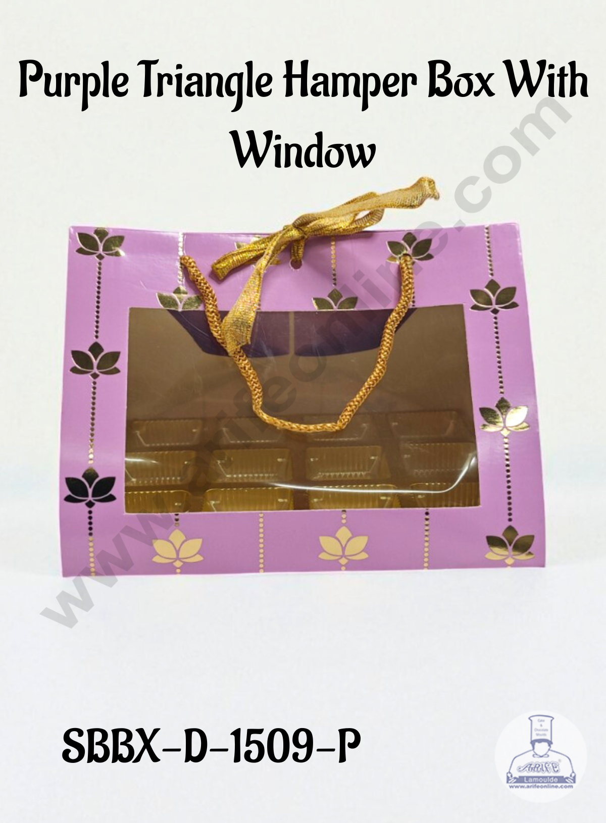 Purple Triangle Hamper Box with Window – Gold Lotus Print & Rope Handle | 19 x 16 x 15 cm | 1 pc (SBBX-D-1509-P) - CAKE DECOR™
