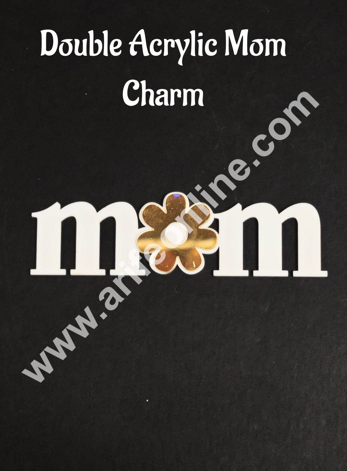 Double Acrylic MOM Charm with Gold Flower Accent | Gold & White Acrylic Mom Topper