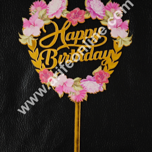 CAKE DECOR™ 5 Inch Imported Printed Cake and Cupcake Topper - Happy Birthday Heart Shaped Cutout With  Rose Flowers -07