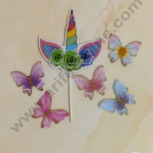 CAKE DECOR™ 6 pcs Unicorn Horn Tag with Multi Colour Glitter Butterfly Paper Topper For Cake And Cupcake