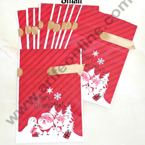 Cake Decor β’ Small Red Color Christmas Theme Cookie pouch Plastic Drawstring Bag Treat With Ribbon | Design - 06 | Pack of 10 | (12cm X 17.5cm)