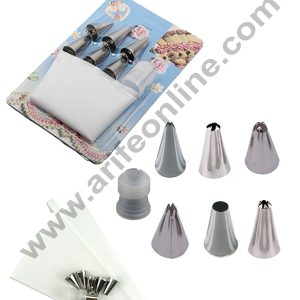 Cake Decor Stainless Steel Icing Nozzles Cake Piping Bag with 1 Coupler for Decorating Cupcake Pastry Desserts Set of 6 Assorted.(Icing Bag 6 Nozzle with Coupler)
