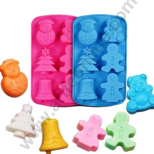 Cake Decor 6 Cavity 3D Christmas Teddy Santa Tree Bell Ring Snow Man, Silicon Moulds Muffin Mould