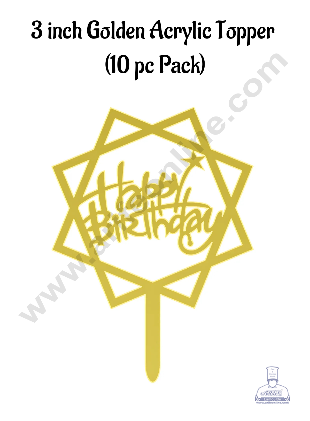 CAKE DECOR™ 3 Inch 10 pcs Golden Acrylic Cake Topper - Happy Birthday with Square Rings & Star( SBMT-3INCH-13 )
