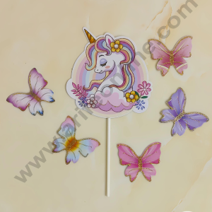 CAKE DECOR™ 6 pcs Unicorn Tag with Multi Colour Glitter Butterfly Paper Topper For Cake And Cupcake