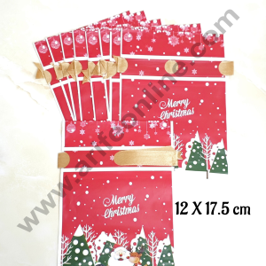 Cake Decor β’ Small Red Color Christmas Theme Cookie pouch Plastic Drawstring Bag Treat With Ribbon | Design - 07 | Pack of 10 | (12cm X 17.5cm)