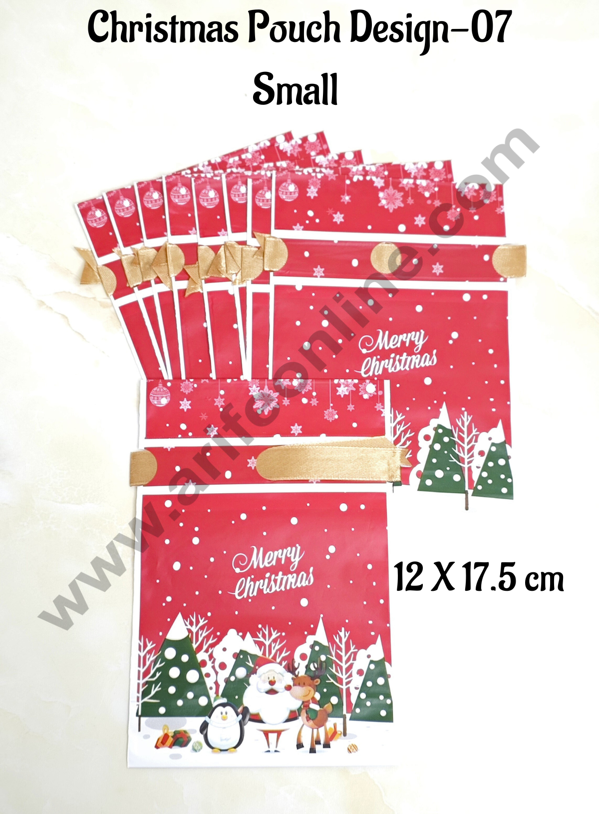 Cake Decor β’ Small Red Color Christmas Theme Cookie pouch Plastic Drawstring Bag Treat With Ribbon | Design - 07 | Pack of 10 | (12cm X 17.5cm)