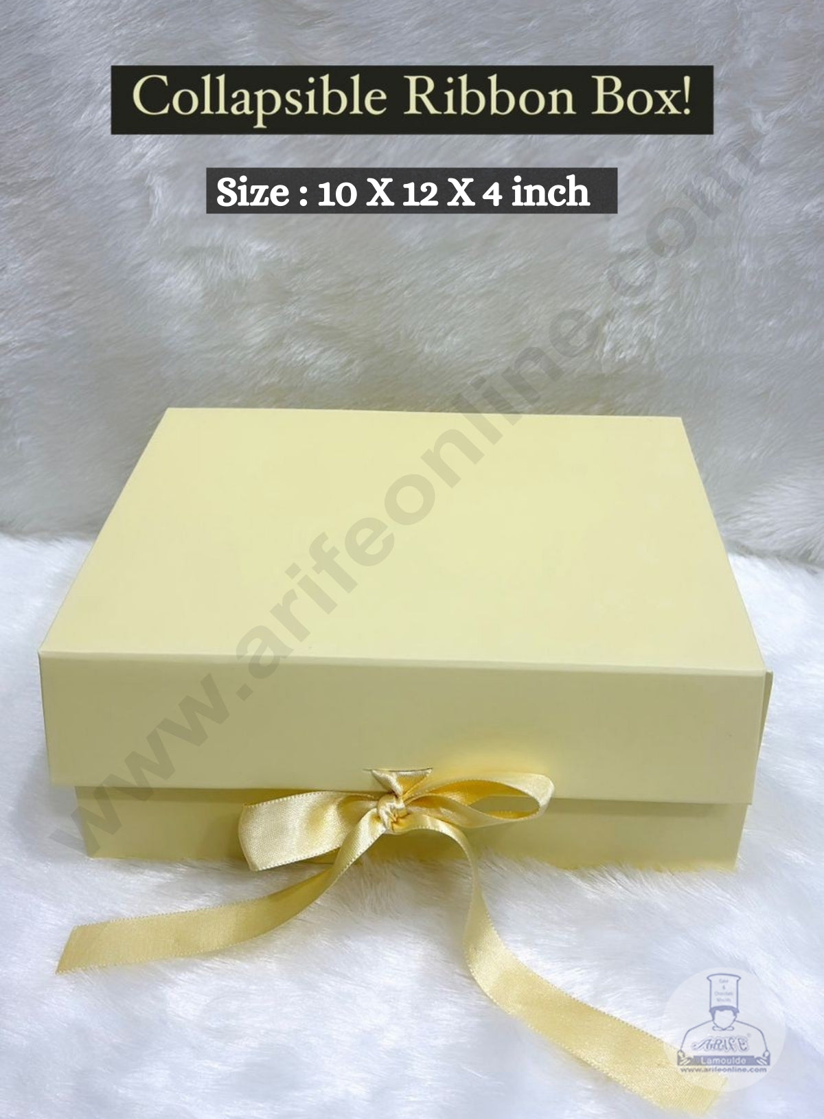 CAKE DECORβ’ Light Yellow Color Folding Hard Hamper Box with ribbon | 10X12X4 Inch | Gift Box | Present Box - 1 Pc | (SBBX-HFFB-D16)