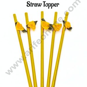 Golden Straw With Yellow Rose Straw Topper For Cake Decoration - CAKE DECORβ’