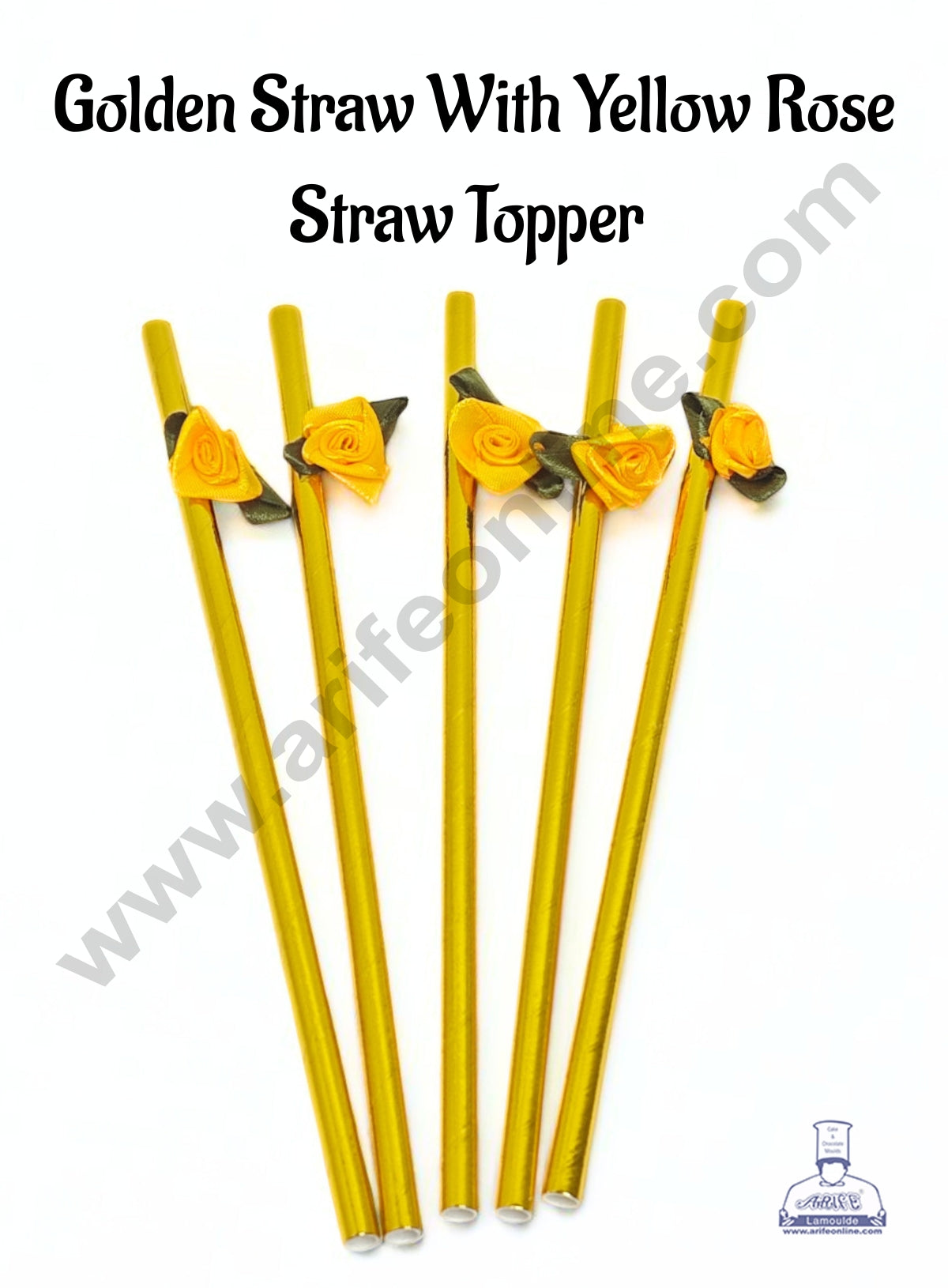 Golden Straw With Yellow Rose Straw Topper For Cake Decoration - CAKE DECORβ’