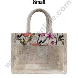 Floral Printed With Transparent Front Jute Hamper Carry Bag - Small - CAKE DECORβ’