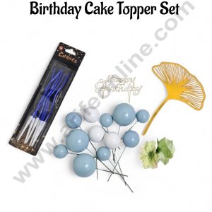 Palm Leaf Blue Theme Happy Birthday Cake Topper Set  - CAKE DECOR™