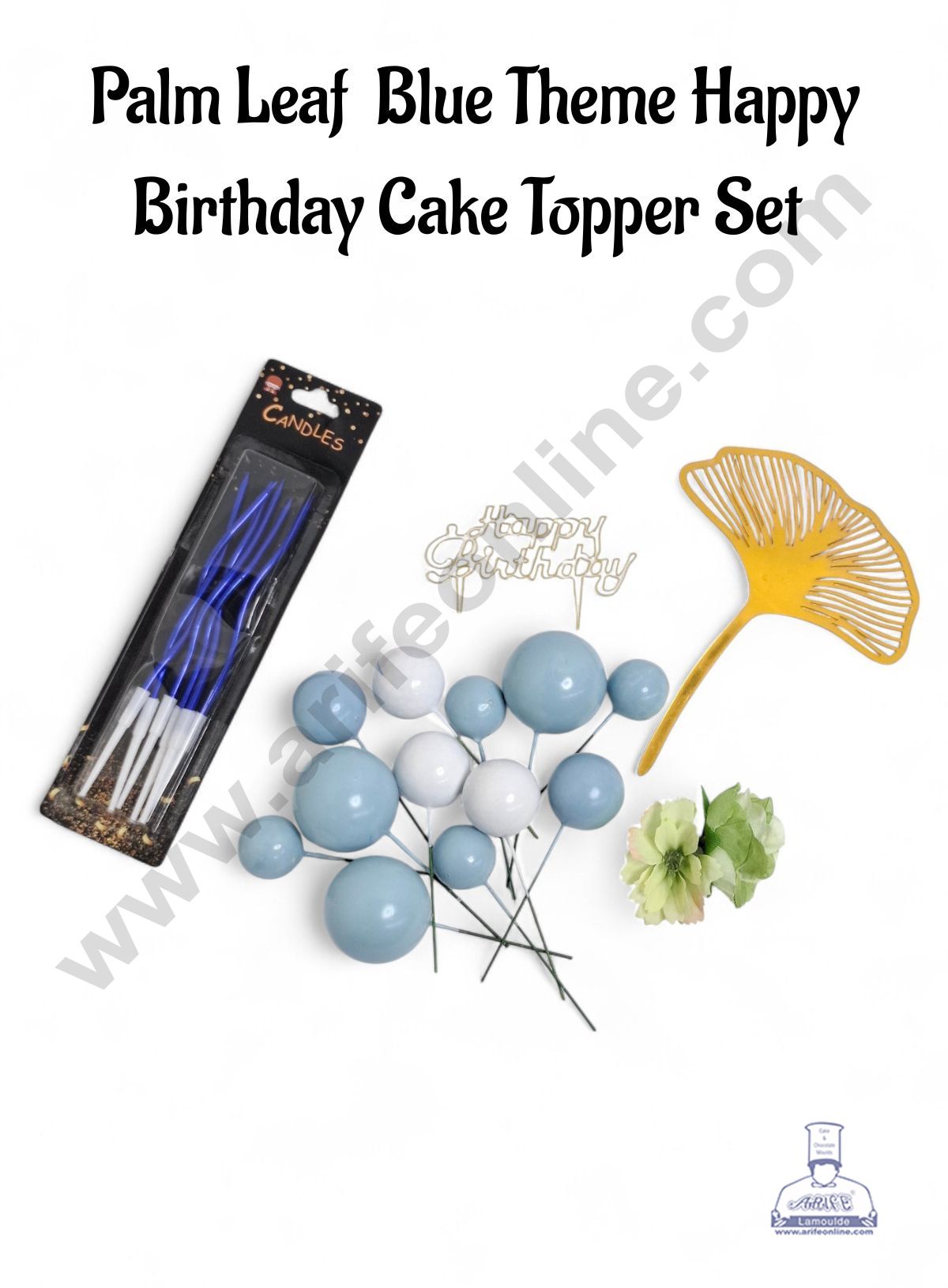 Palm Leaf Blue Theme Happy Birthday Cake Topper Set - CAKE DECORβ’