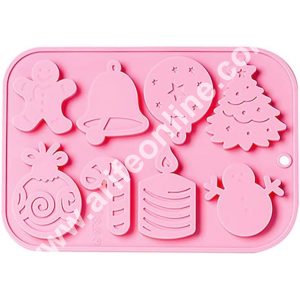 CAKE DECOR™ 8 Cavity Silicon Christmas Theme Tree, Snowman, Bell, Candle, Gift Silicon Chocolate Mould Jelly Mould
