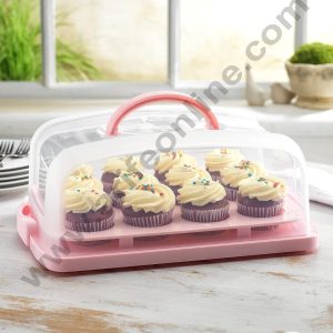 CAKE DECOR™ 2 in 1 Cupcake Carrier and Cake Keeper with Lid | Cupcake Box to Fit 12 Cupcake (Big)- Pink
