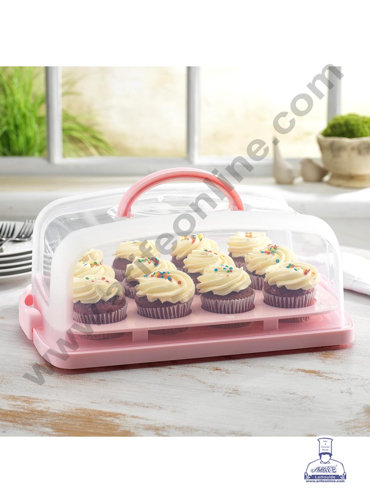 CAKE DECORβ’ 2 in 1 Cupcake Carrier and Cake Keeper with Lid | Cupcake Box to Fit 12 Cupcake (Big)- Pink