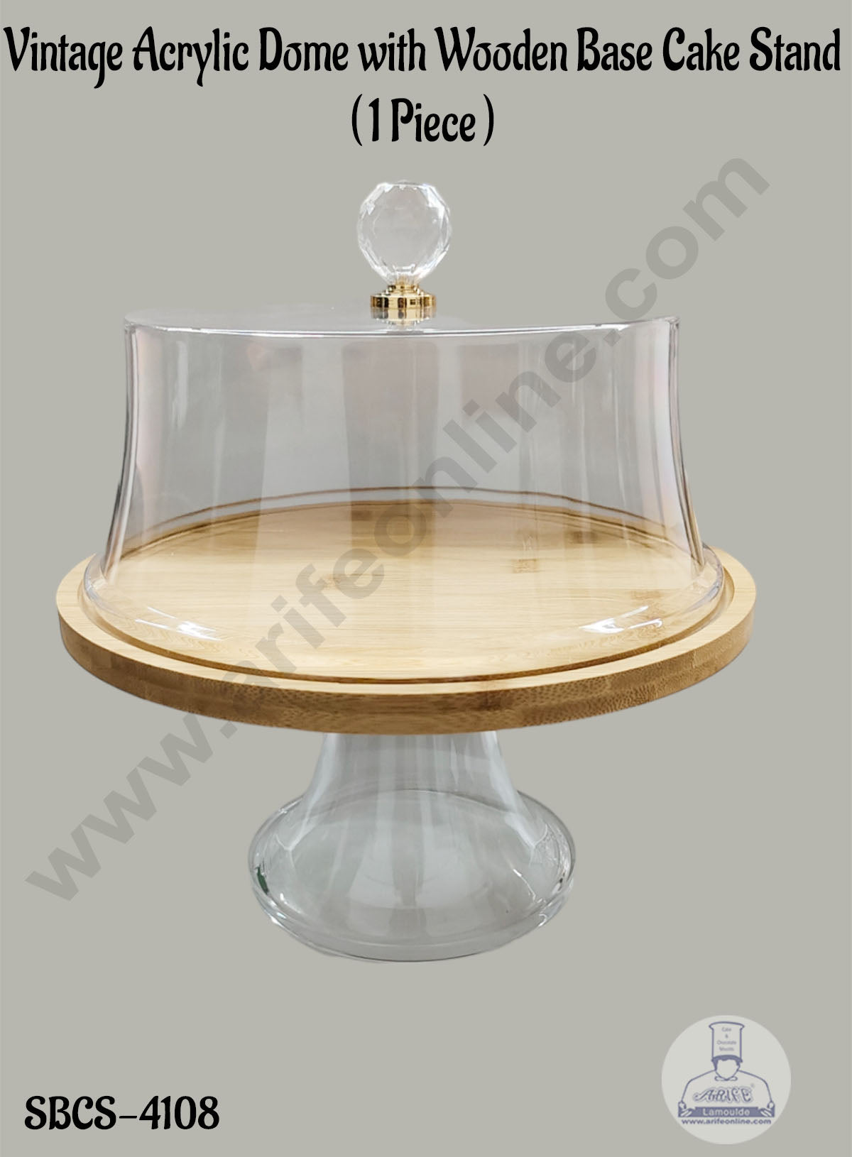 CAKE DECORβ’ Vintage Acrylic Dome with Wooden Base Cake Stand - 1 Piece