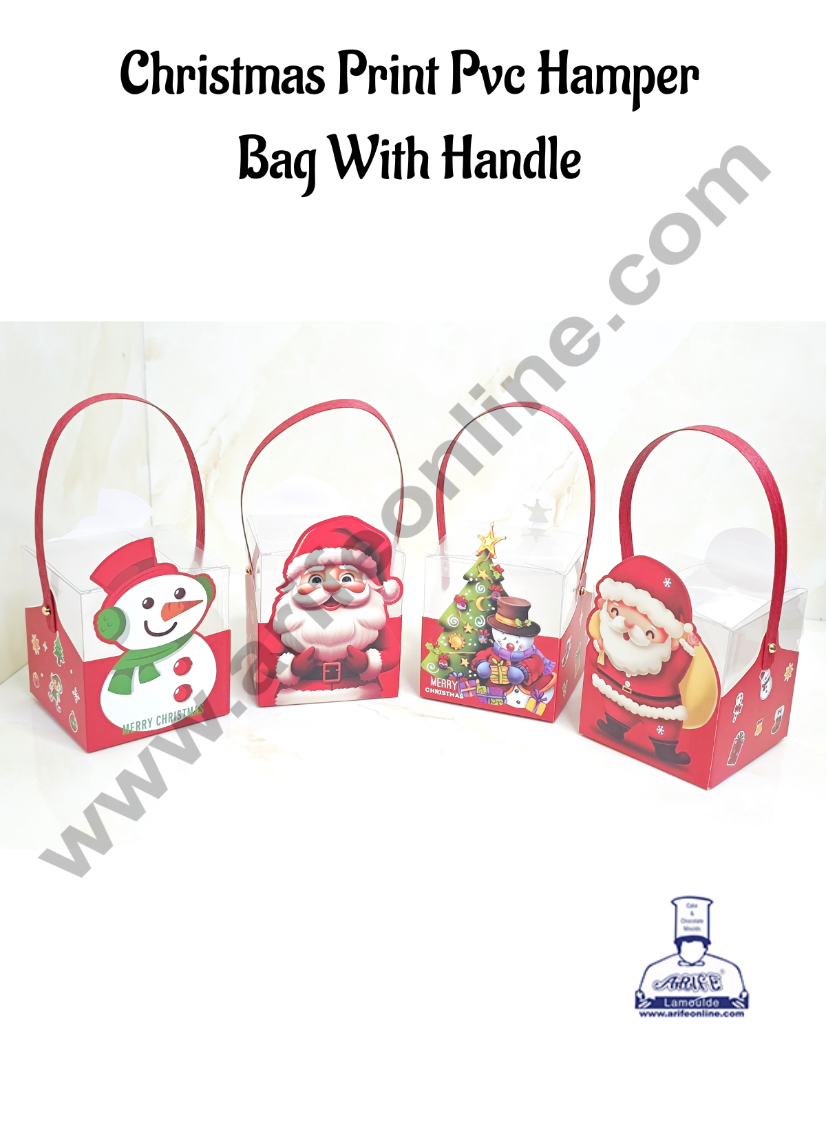 CAKE DECOR™ Christmas Print PVC Hamper Bag with Handle | Gift Box | Candy Box | Cookies Box | Sweet Treats Box - Red (12 Pcs Pack)