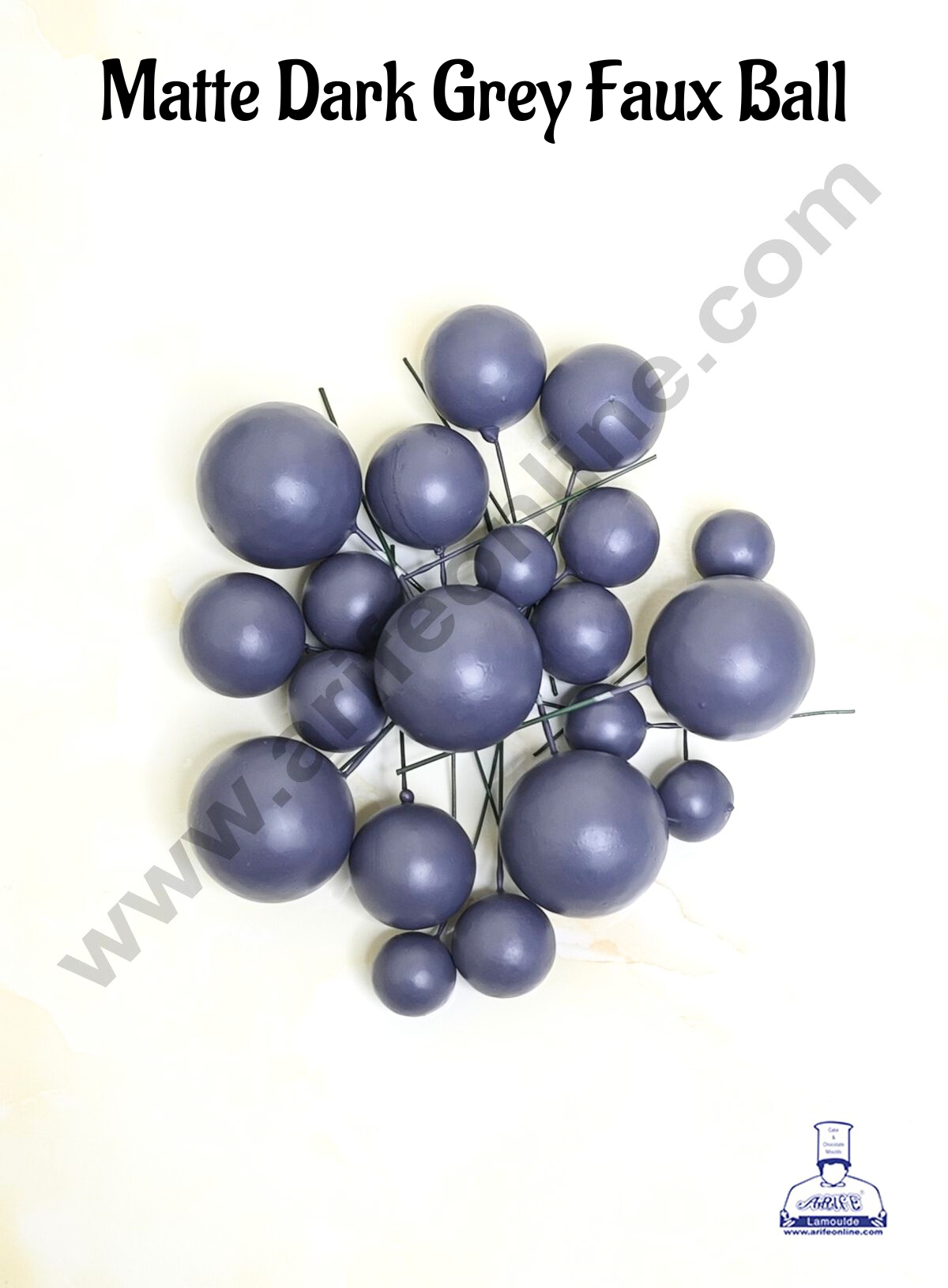 CAKE DECOR™ Matte Dark Grey Faux Ball Topper For Cake and Cupcake Decoration - 20 pcs Pack