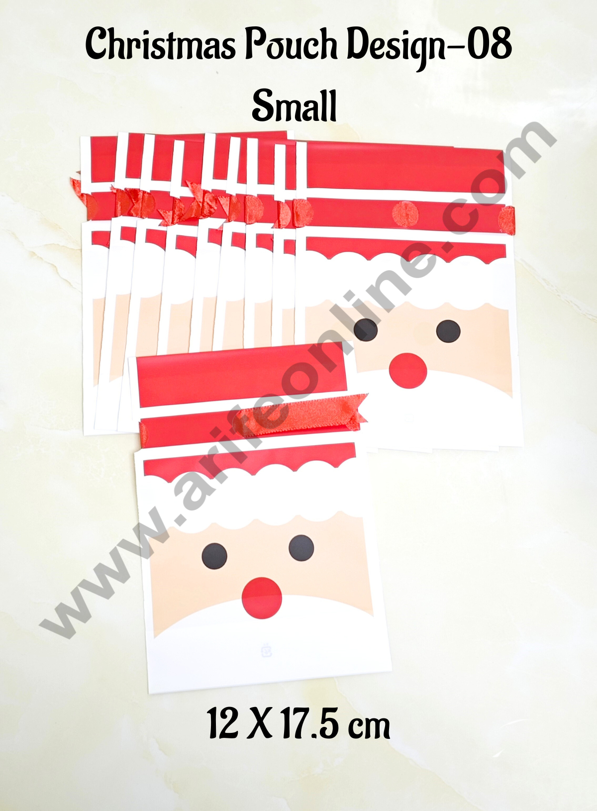 Cake Decor β’ Small Red Color Christmas Theme Cookie pouch Plastic Drawstring Bag Treat With Ribbon | Design - 08 | Pack of 10 | (12cm X 17.5cm)