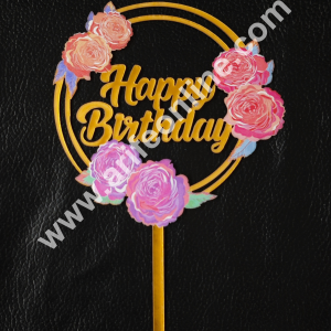 CAKE DECORβ’ 5 Inch Imported Printed Cake and Cupcake Topper - Happy Birthday Round Rose Flowers -06