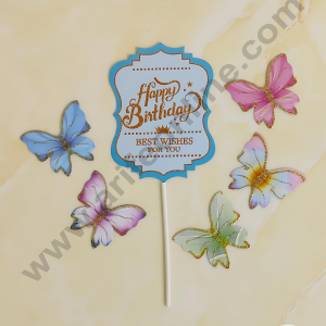 CAKE DECOR™ 6 pcs Blue Vintag Happy Birthday Day Tag with Multi Colour Glitter Butterfly Paper Topper For Cake And Cupcake