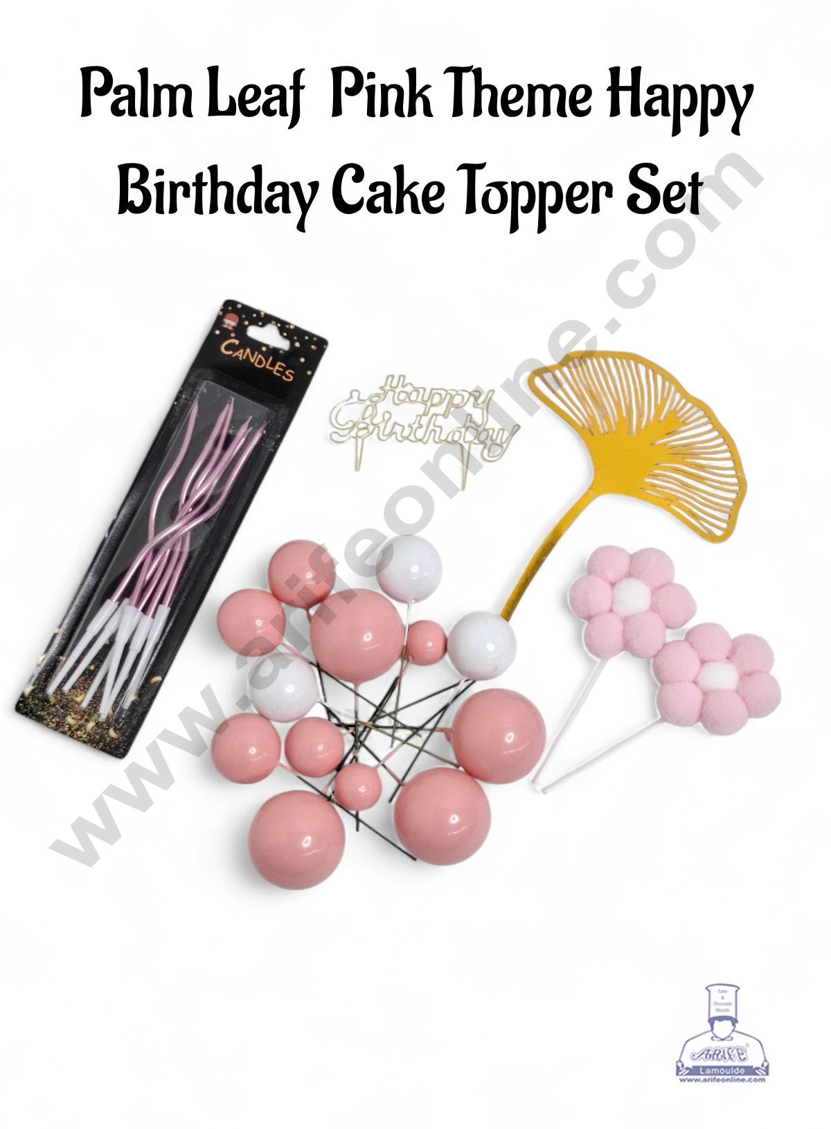 Palm Leaf Pink Theme Happy Birthday Cake Topper Set - CAKE DECORβ’