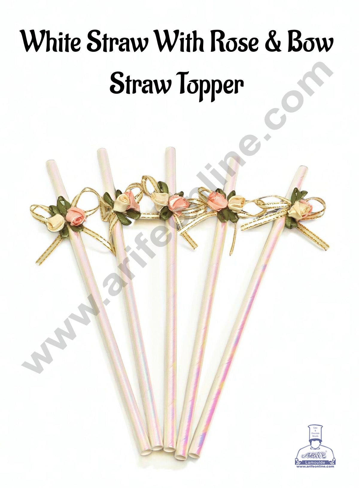 5pcs White Straw With Rose & Bow Straw Topper For Cake Decoration CAKE DECORβ’