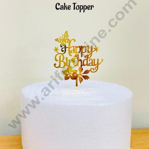 CAKE DECOR™ 5 inch Acrylic Gold Mirror Finishing Butterfly & Floral Happy Birthday Cake Topper(SBMT-3066)