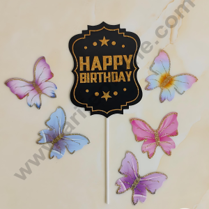 CAKE DECOR™ 6 pcs Black Vintag Happy Birthday Day Tag with Multi Colour Glitter Butterfly Paper Topper For Cake And Cupcake
