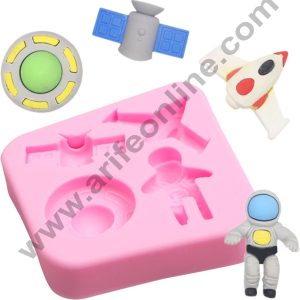 Cake Decor Silicone 4 Cavity Robot Spaceship Rocket Shape Pink Fondant Marzipan Mould