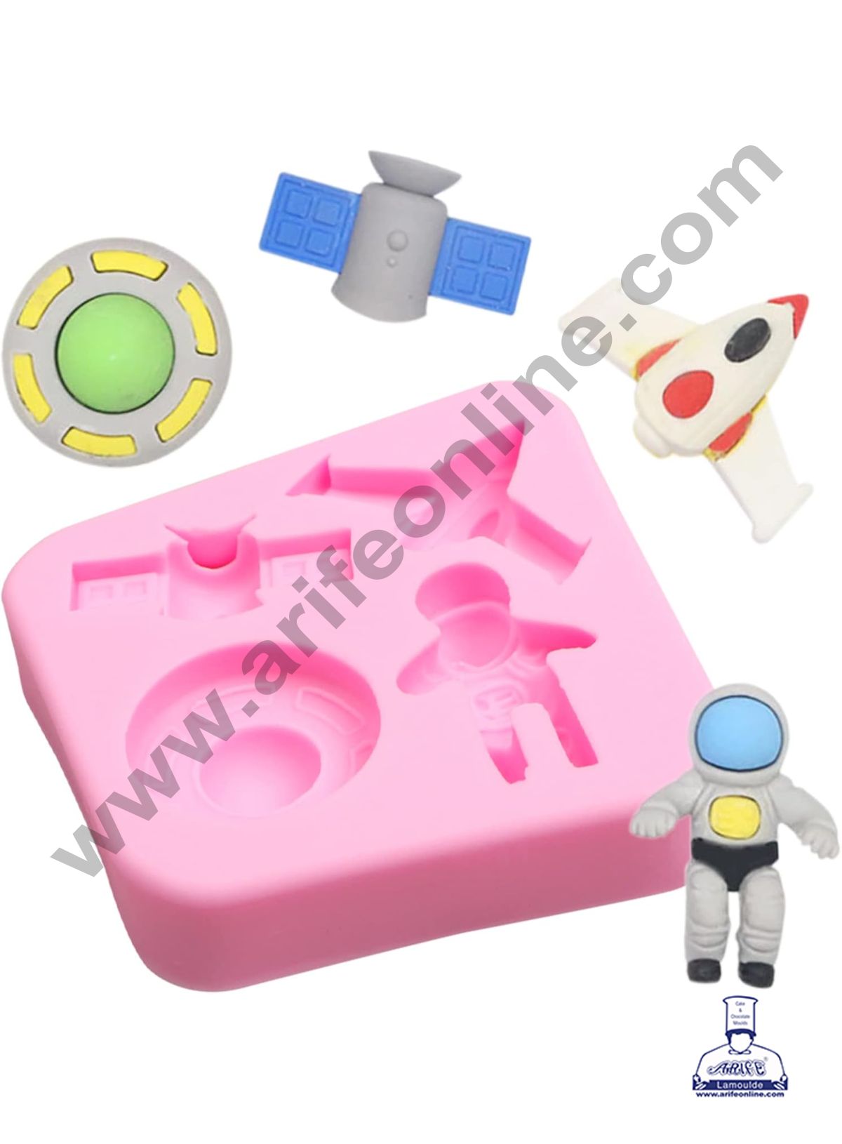 Cake Decor Silicone 4 Cavity Robot Spaceship Rocket Shape Pink Fondant Marzipan Mould