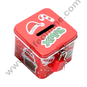 CAKE DECOR™ Cute Piggy Bank Square Piggy Bank with Metal Lock Key | Christmas Design Coin Storage Box