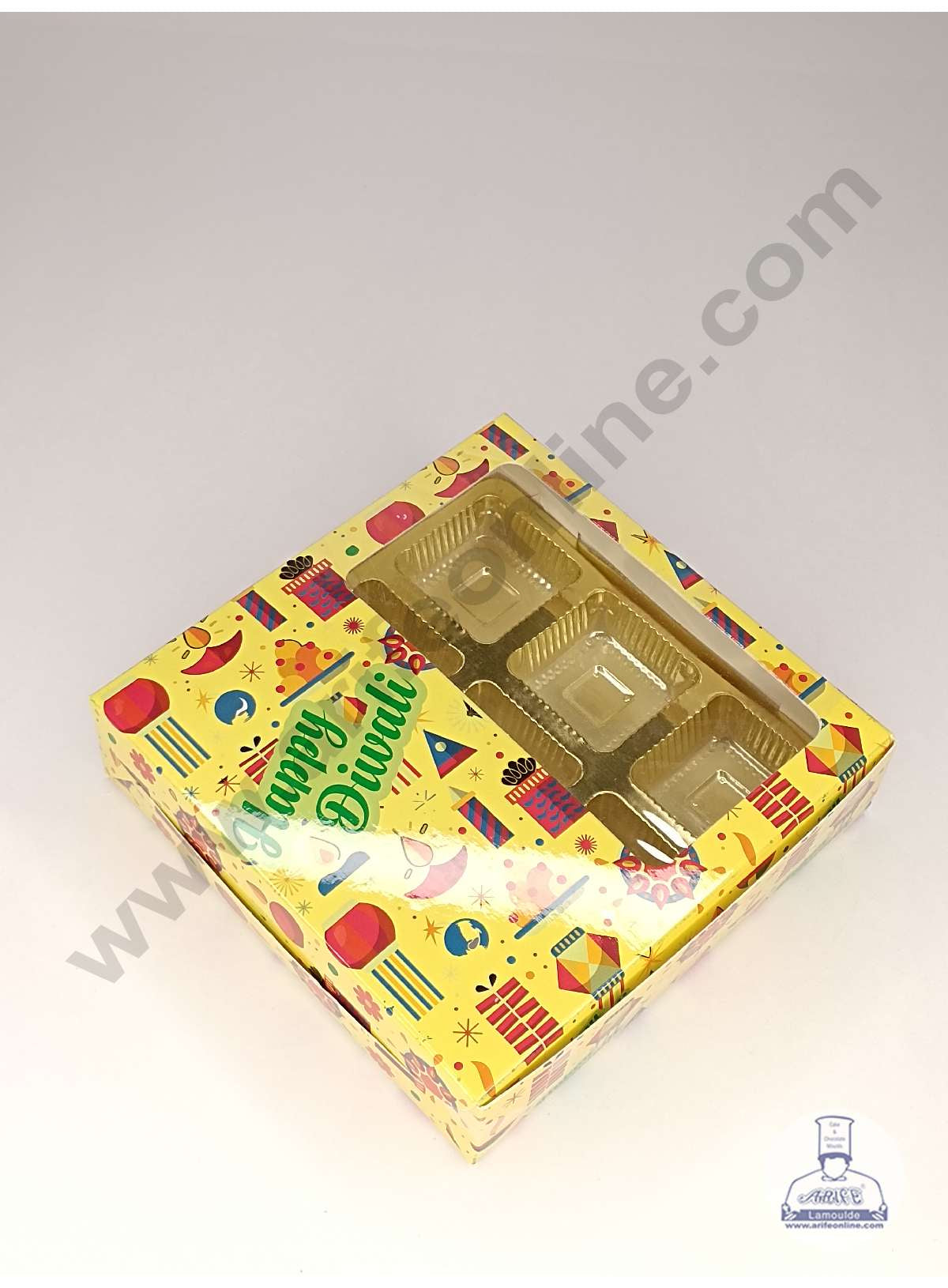 CAKE DECOR™ 9 Cavity Diwali Theme Chocolate Box with Clear Window & Cavity ( 10 Piece Pack ) - Yellow