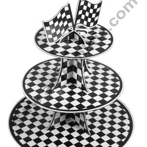 3-Tier Racing Car Theme Cardboard Cupcake Stand | Black and White Checkered Cupcake Stand -Heavy