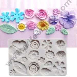 CAKE DECOR™ 15 Cavity Mixed Flower with leaves Shape Fondant Clay Marzipan Cake Decoration Mould SBSP-B220