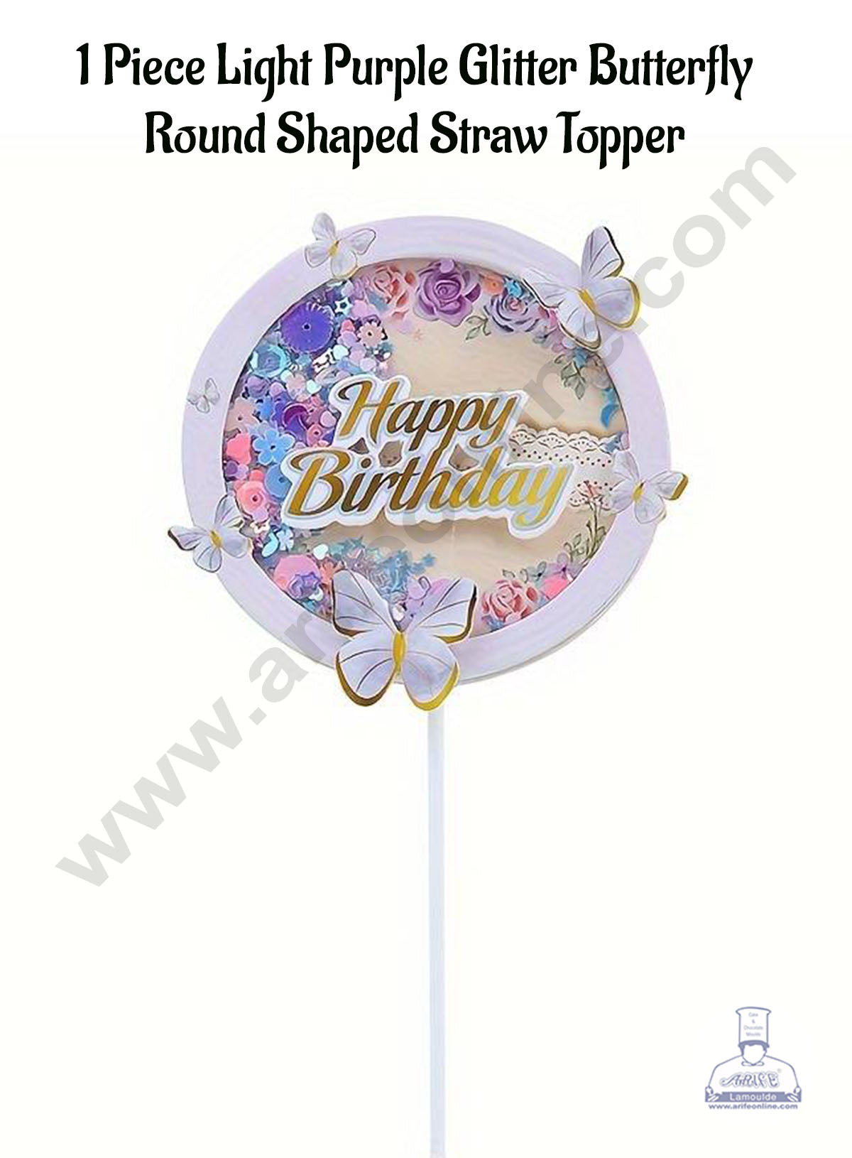 CAKE DECORβ’ 1 Piece Light Purple Glitter Butterfly Round Shaped Straw Topper For Cake Decoration | Cake Insert
