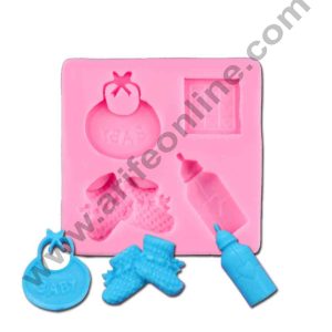 Cake Decor Silicon 4 Cavity Baby shoes Bibs Feeding bottle Silicone Fondant Mould Marzipan Mould
