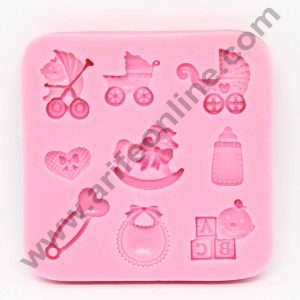 Cake Decor Silicon 9 Cavity Baby Shower Different Baby Strollers Bottle Bibs Heart Pin Cart Silicone Fondant Mould Marzipan Mould