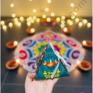 Green Pyramid Diwali Box Foldable With Ribbon - 10 Pcs Pack