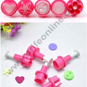 Cake Decor 5Pcs Impression Pop-out Plunger Cutters Button Heart Star Circle Plum Flower