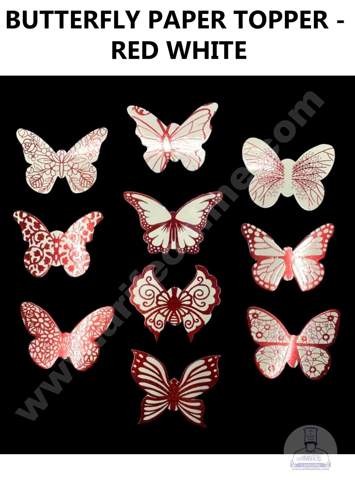 CAKE DECOR™ 10 pcs Red White Butterfly Paper Topper For Cake And Cupcake (SBMT-PT-110)
