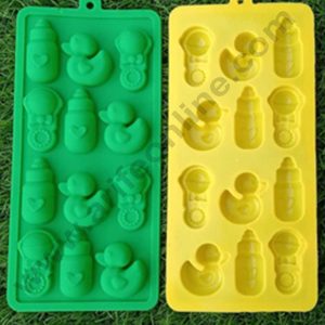 CAKE DECOR™ 12 Cavity Baby Bottle Baby Rattles Duck Shape Silicon Chocolate Mould, Ice Mould, Chocolate Decorating Mould (SBSM-895)