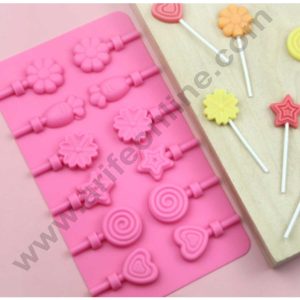 CAKE DECOR™ 12 Cavity Flower Heart Star Shape Silicon Lollipop Mould Silicon Chocolate Mould (SBSM-853)
