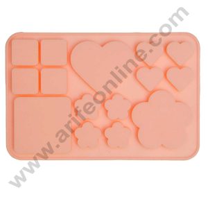 CAKE DECOR™ 15 Cavity Heart Flower Square Shape Silicon Chocolate Mould, Ice Mould, Chocolate Decorating Mould SBSM-888