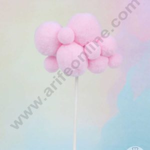 CAKE DECOR™ 2 pcs Assorted Design Pink Soft Pompom Cloud Cake Toppers For Cake and Cupcake Decoration - Pink